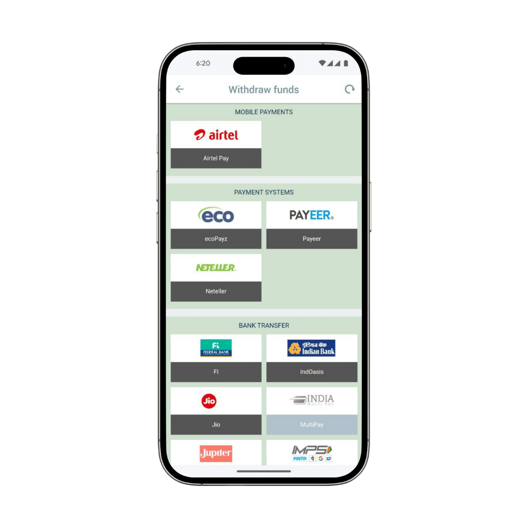 MelBet Payment Methods table